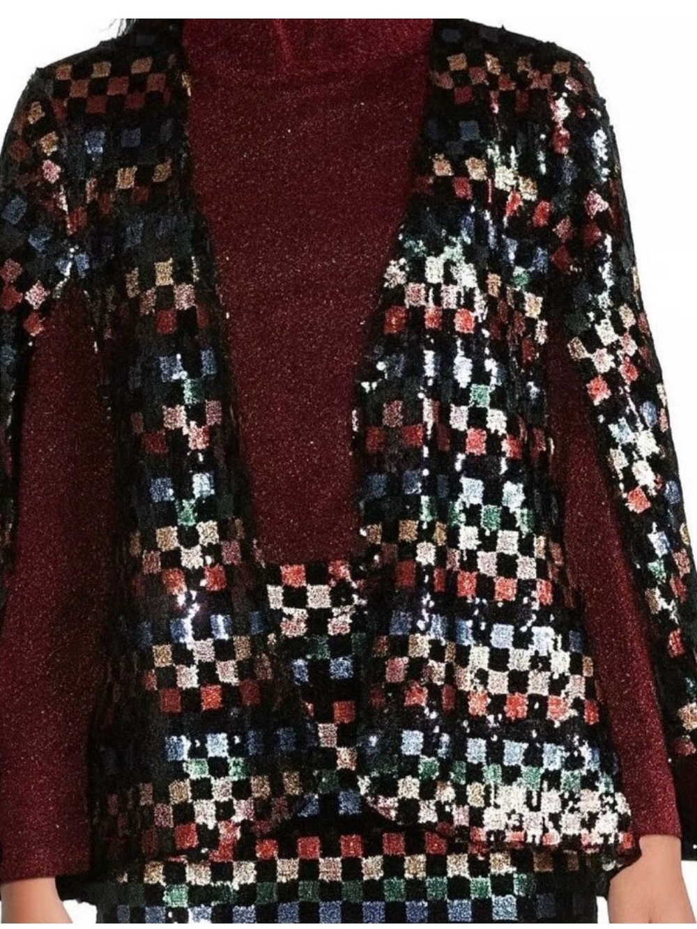 Sequin Checkered Open-Front Cape Jacket in Multicolor
